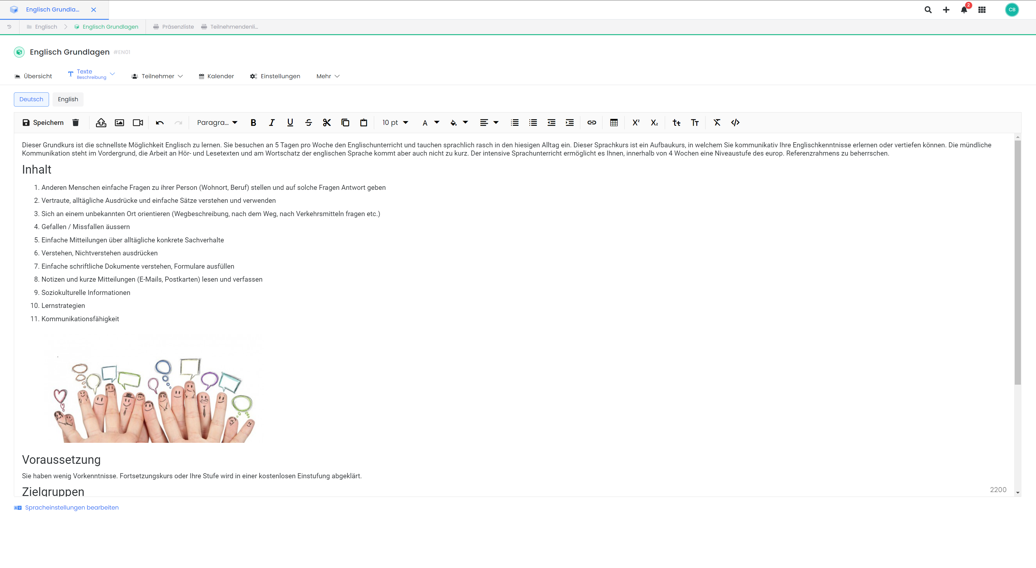 Dieser Screenshot zeigt die Benutzeroberfläche von edoobox, dem Online-Buchungssystem. Es wird der Texteditor eines Angebots gezeigt, bei dem ein Beschreibungstext hinterlegt werden kann.
